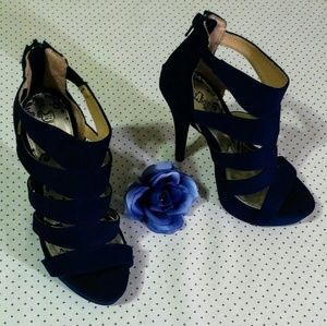 Blue strappy high heeled sandals